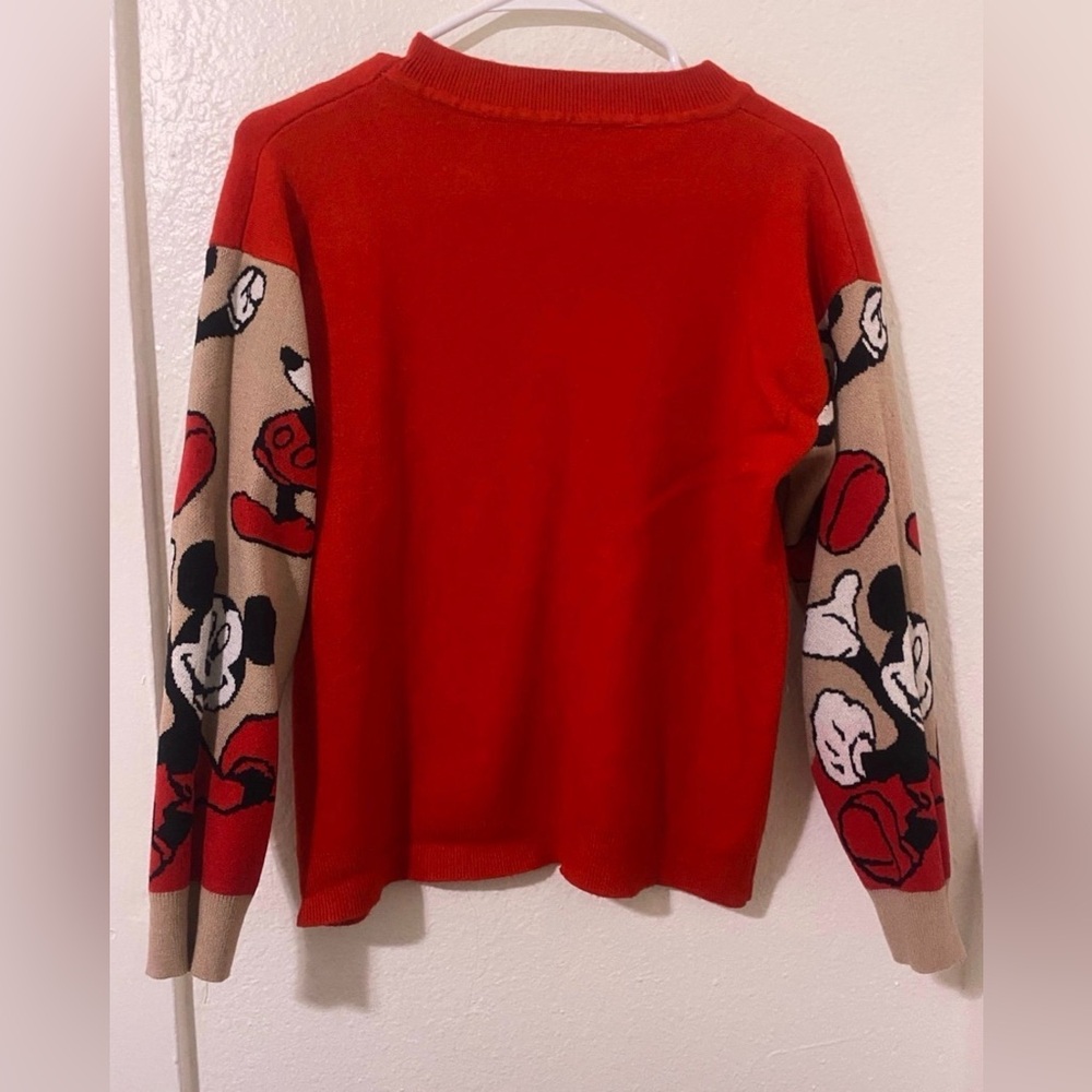 Red Sweater with Cartoon Character Sleeves Size Medium Round Neck Mickey Mouse